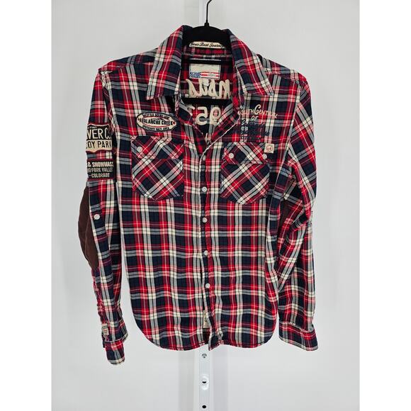 POP USA Flannel Shirt S Embroidered Patches Arkansas River Aspen CO Campground - Picture 1 of 6